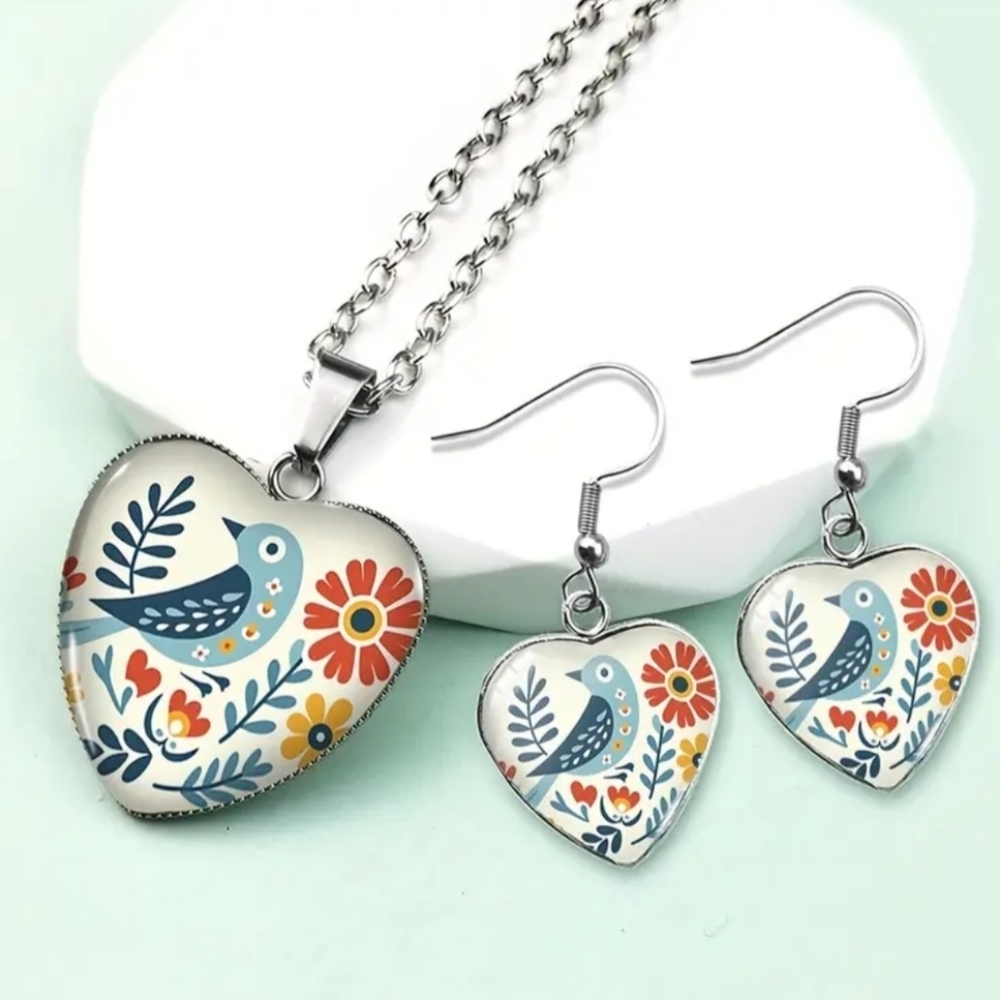 Heart Pendant Bird Design Necklace and‎ Earrings Matching Gift Set-(#0141)